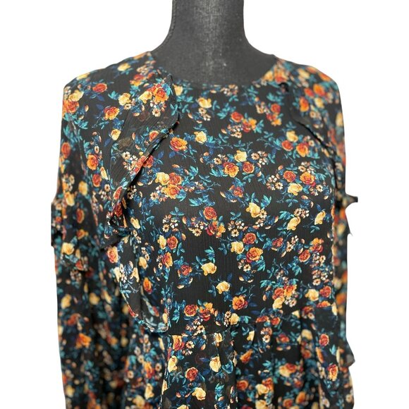A.N.A. semi sheer floral ruffled top XS autumn colors boho micro print - Picture 3 of 7